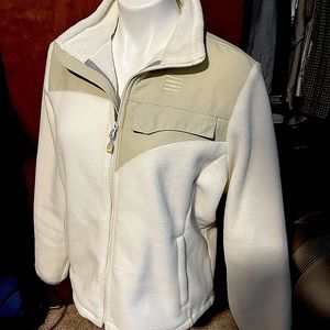 Lands End  light beige woman’s fleece jacket with nylon accents -Large